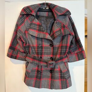 Forever 21 Gray and Red Plaid Pea Coat